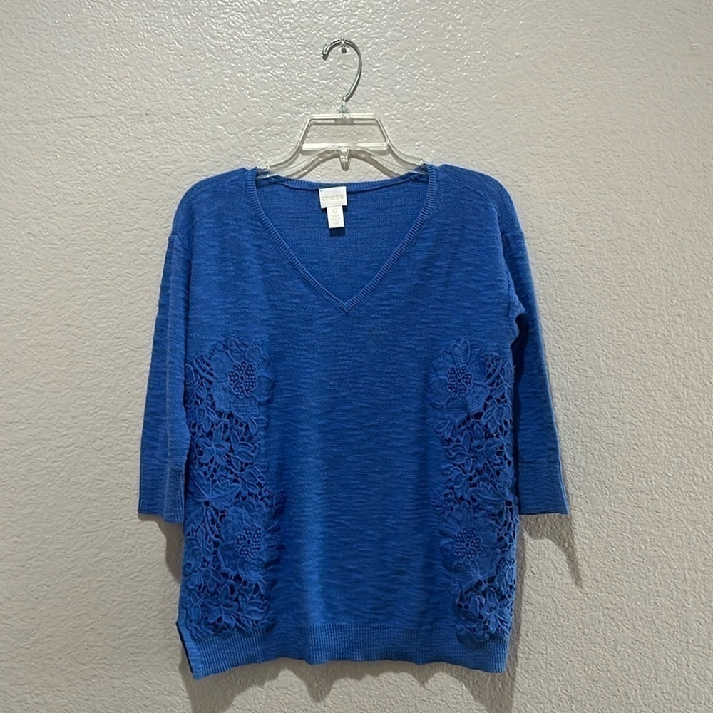 Chico's Porter Lace Applique V-Neck Sweater 3/4 Sleeves Size 0(Small) Blue